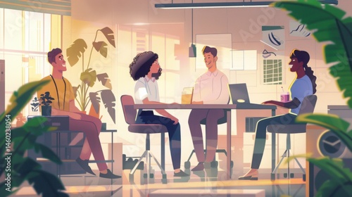 Illustrated office scene featuring diverse professionals working around a conference table