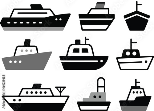 Ship and boat vector illustration silhouette black marine icon set

