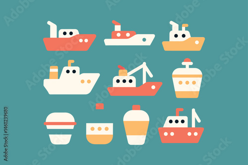 Cartoon ships and boats vector illustration colorful marine icon set

