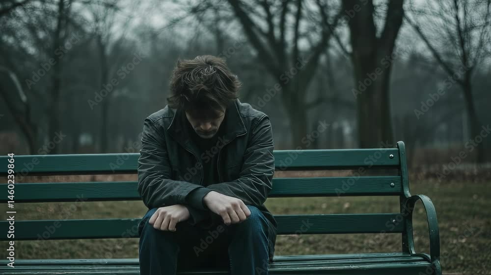 Man in dark hoodie sitting alone on park bench in gloomy weather. Depression, loneliness, and mental health struggles concept. Raising awareness video. Man in dark hoodie sitting alone on park bench in gloomy weather. Depression, loneliness, and mental health struggles concept. Raising awareness video.