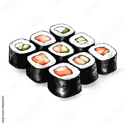 2D flat vector illustration of Sushi Rolls, isolated on a white background.