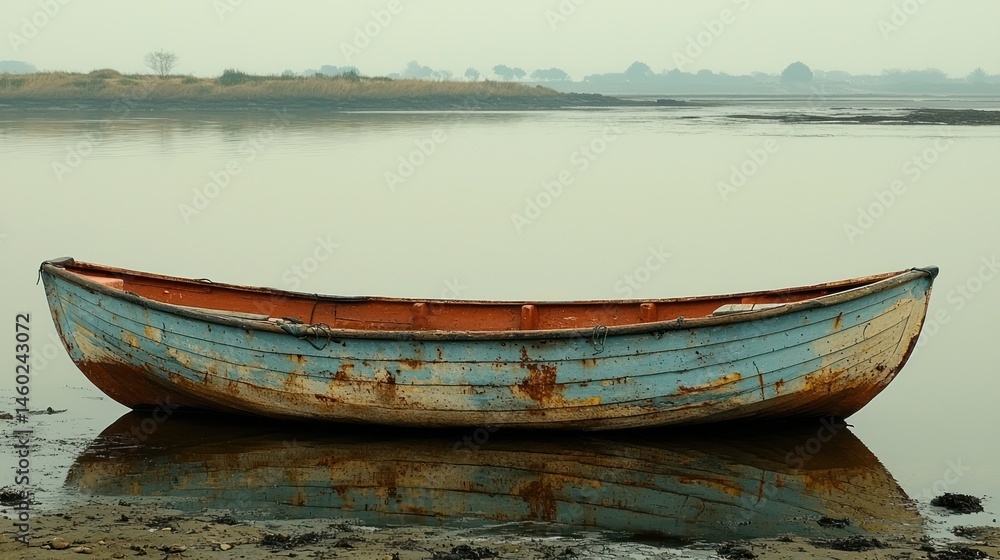 Fototapeta Weathered rowboat rests on calm, shallow waters, reflecting the tranquil scene
