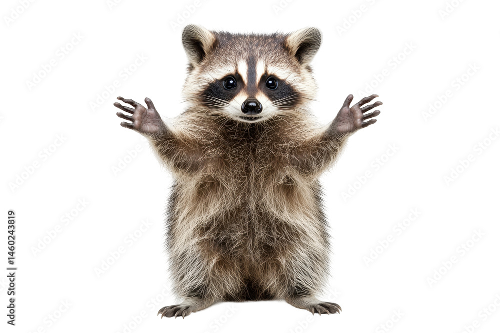 Cute raccoon standing with paws raised, showcasing playful demeanor against a transparent background, ideal for use in various designs and creative projects Cute raccoon standing with paws raised, showcasing playful demeanor against a transparent background, ideal for use in various designs and creative projects