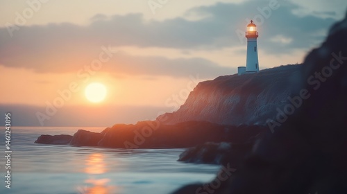 Coastal lighthouse illuminated at sunset over the ocean.