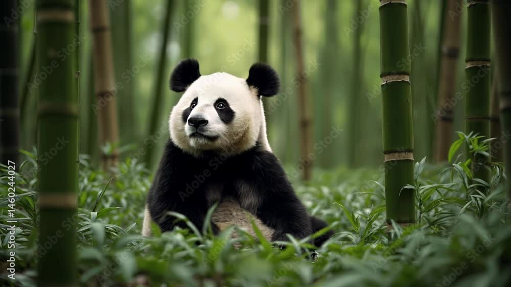 Oso panda sentado en un campo de Bambú