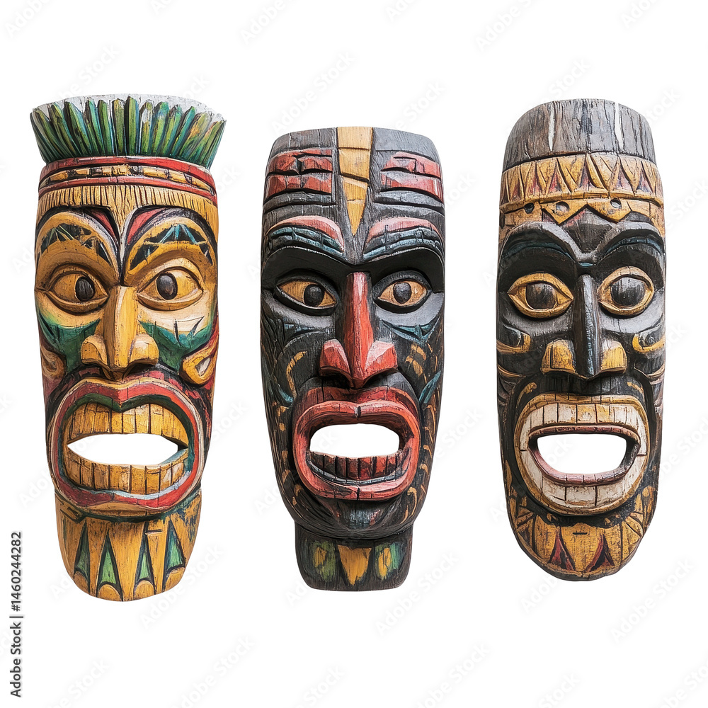 Traditional wooden tiki masks displayed on a Transparent background showcasing intricate designs and vibrant colors, Traditional Wooden Tiki Masks on PNG background Traditional wooden tiki masks displayed on a Transparent background showcasing intricate designs and vibrant colors, Traditional Wooden Tiki Masks on PNG background