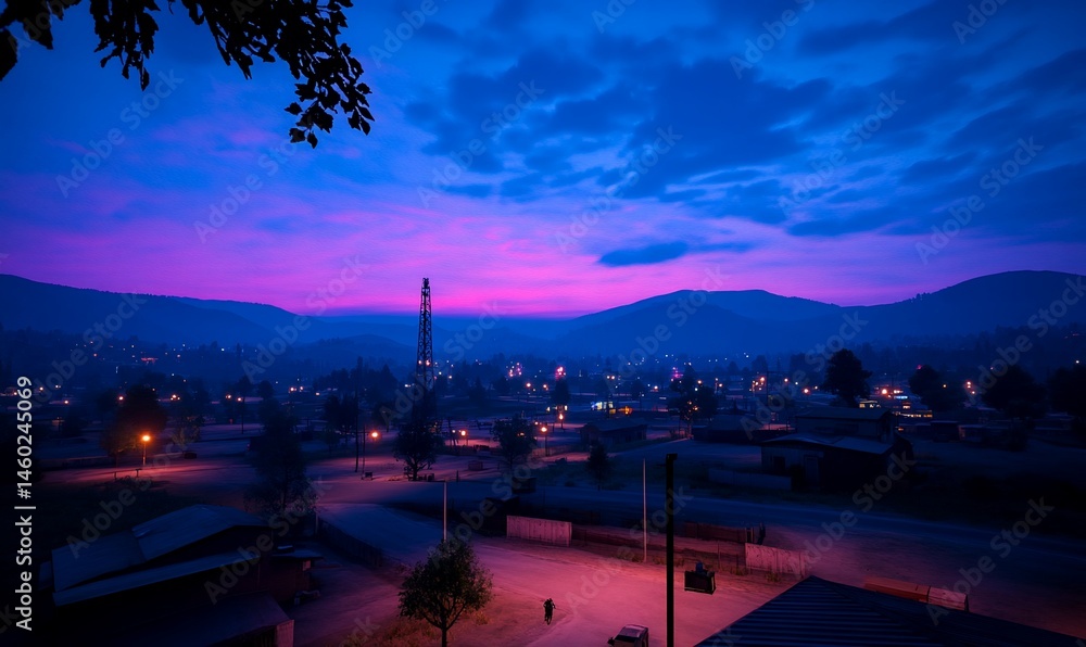 Fototapeta premium Twilight hues cascade over a serene townscape beneath distant mountains