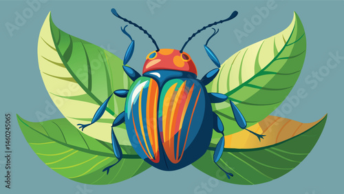Colorful vector illustration of a decorative beetle resting on green leaves in a vibrant environment during daytime