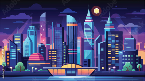 Vibrant vector illustration of a modern city skyline at dusk showcasing tall buildings and colorful lights in a bustling urban environment