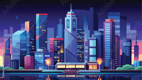 Vibrant vector illustration of a modern city skyline at dusk showcasing tall buildings and colorful lights in a bustling urban environment