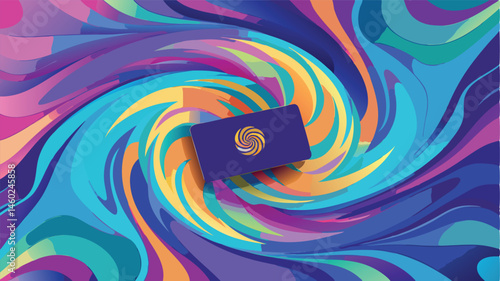 Swirling abstract design with vibrant colors and a rectangular shape on a purple backdrop illustrating modern art concepts