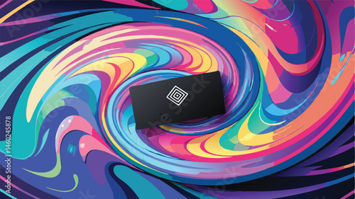 Swirling abstract design with vibrant colors and a rectangular shape on a purple backdrop illustrating modern art concepts