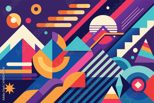 Colorful geometric vector illustration featuring abstract shapes, patterns, and celestial elements in a vibrant, modern design suitable for art and decoration