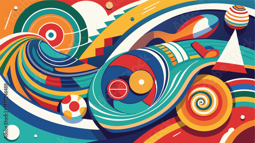 Dynamic vector illustration featuring colorful swirling patterns and soccer balls capturing the energy and excitement of sports celebrations
