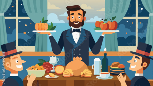 Festive banquet at a cozy dining room with a man in a tuxedo welcoming guests to a harvest celebration featuring autumn dishes and decorations