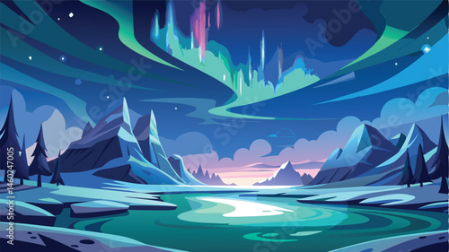 Colorful night sky filled with auroras over serene mountains and a calm lake during twilight in a vector illustration style