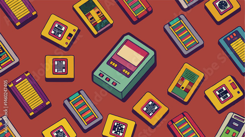 Retro gaming clipart featuring various colorful cartridge designs on a vibrant background