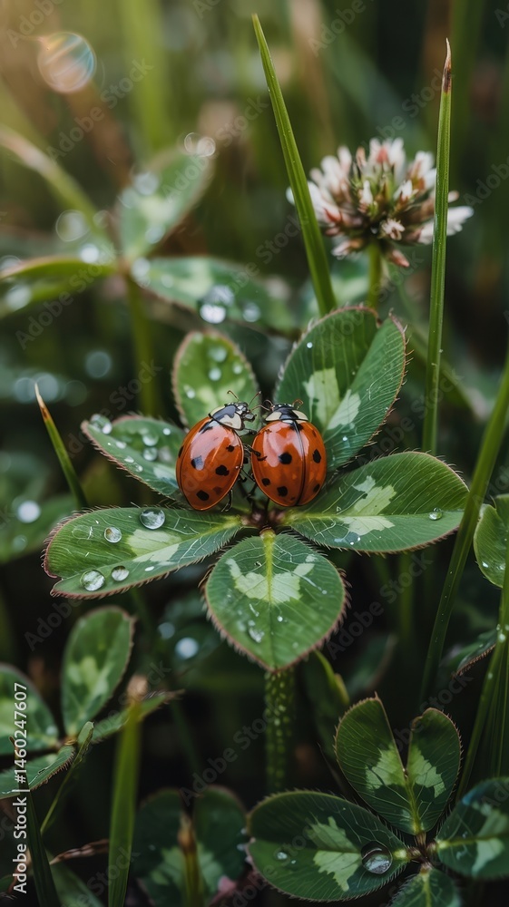 Macro Shot of Ladybugs Among Mottled Clover Leaves With Dew Drops Macro Shot of Ladybugs Among Mottled Clover Leaves With Dew Drops