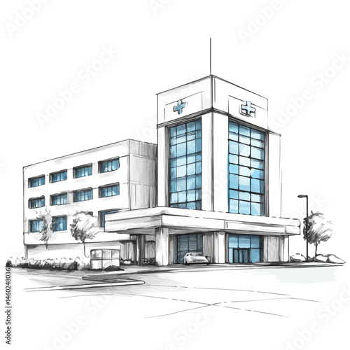 2D flat vector illustration of Hospital Building, isolated on a white background.