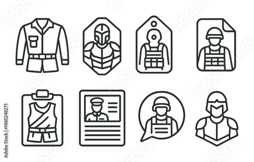 Line style icons of battle skins: combat outfit icon, warrior armor badge, tactical gear tag, soldier skin file, battle-ready design board, military uniform chart, combat appearance bubble, fighter