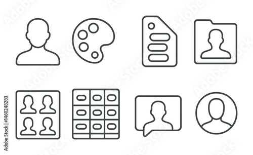 Line style icons of skin color customization: skin tone icon, color palette badge, shading tag, personal skin color file, tonal choices board, color variation chart, appearance setting bubble,