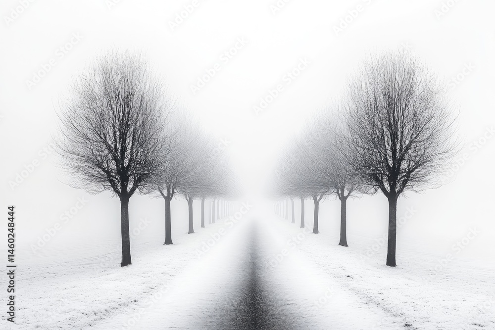 A wintery path lined with bare trees in a dense fog A wintery path lined with bare trees in a dense fog