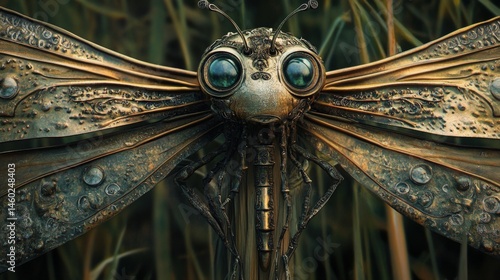 Close-up view of a steampunk dragonfly sculpture.