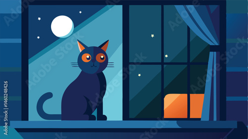 Cat sitting on a windowsill at night gazing at the moon and stars with boxes in the background