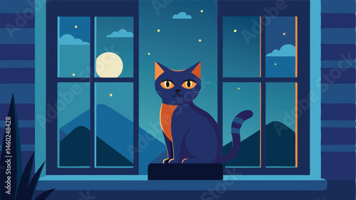 Cat sitting on a windowsill at night gazing at the moon and stars with boxes in the background