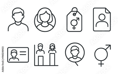 Line style icons of gender in characters: male icon, female badge, non-binary tag, gender-neutral file, identity board, gender roles chart, character identity bubble, gender symbol.