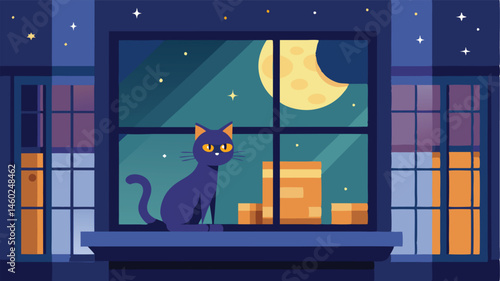 Cat sitting on a windowsill at night gazing at the moon and stars with boxes in the background