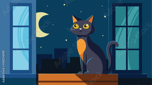 Cat sitting on a windowsill at night gazing at the moon and stars with boxes in the background