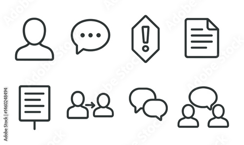 Line style icons of quest interaction: NPC icon, dialogue badge, quest giver tag, task description file, response options board, interaction chart, conversation bubble, quest discussion symbol.