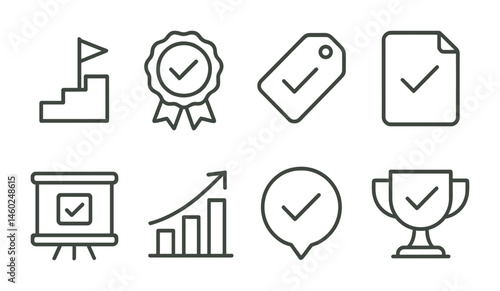 Line style icons of quest completion: final step icon, checkmark badge, quest finish tag, completed task file, final reward board, accomplishment chart, mission bubble, victory symbol.