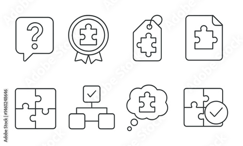 Line style icons of puzzle quests: riddle icon, puzzle piece badge, brain teaser tag, challenge task file, puzzle board, solution chart, logic bubble, puzzle completion symbol.