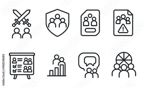 Line style icons of multiplayer quests: co-op quest icon, team mission badge, shared goal tag, group quest file, cooperative task board, multiplayer chart, team collaboration bubble, multiplayer