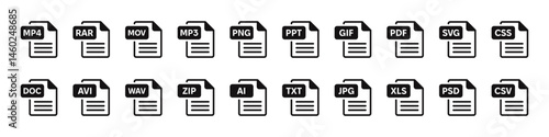 File type icon set. Set of pdf, doc, excel, png, jpg, psd, gif, csv, xls, ppt, html, txt.