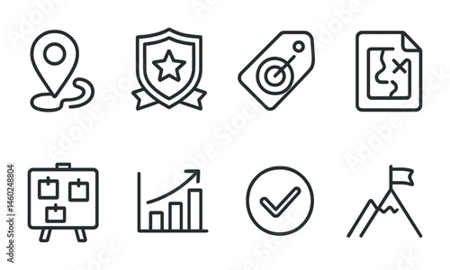 Line style icons of quest stages: starting point icon, mission badge, objective tag, quest file, task board, goal chart, mission progress bubble, adventure symbol.