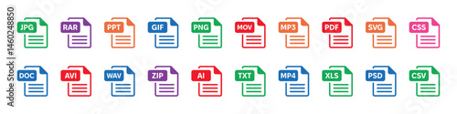 File type icon set. Set of pdf, doc, excel, png, jpg, psd, gif, csv, xls, ppt, html, txt.