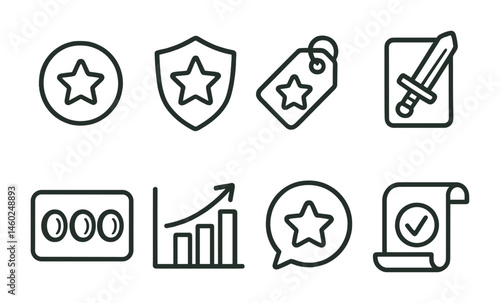 Line style icons of quest rewards: experience icon, treasure badge, loot tag, item reward file, coin collection board, level up chart, prize bubble, quest completion symbol.