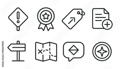 Line style icons of side quests: optional mission icon, extra task badge, secondary objective tag, bonus file, side journey board, additional chart, side mission bubble, extra adventure symbol.
