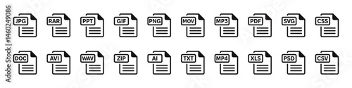 File type icon set. Set of pdf, doc, excel, png, jpg, psd, gif, csv, xls, ppt, html, txt.