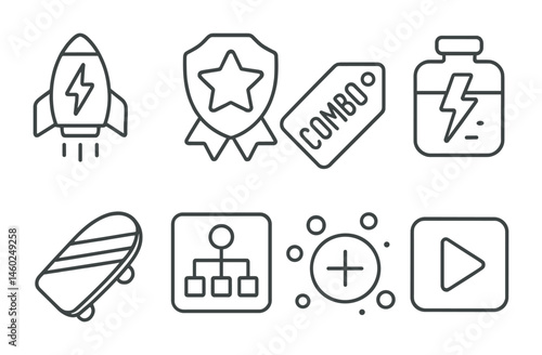 Line style icons of game mechanics: power-up icon, special move badge, combo tag, energy refill file, boost board, game feature chart, bonus bubble, gameplay symbol.