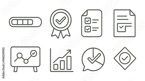 Line style icons of quest progress: progress bar icon, completion badge, task tracker tag, journal entry file, quest milestone board, level up chart, progress report bubble, mission status symbol.