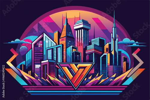 Vibrant vector illustration showcasing a futuristic city skyline at dusk with colorful geometric designs and dynamic shapes against a dark background