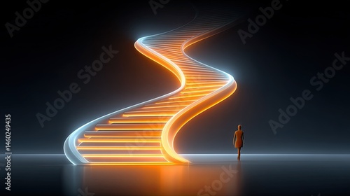 Science x fashion design blending futuristic aesthetics, A surreal journey represented by glowing, winding stairs., where science x fashion meets innovation in wearable art