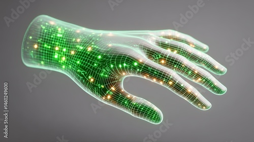 Science x fashion design blending futuristic aesthetics, Futuristic holographic hand with glowing lights and digital design., where science x fashion meets innovation in wearable art