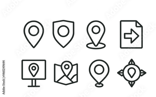 Line style icons of quest markers: location marker icon, quest pin badge, map tag, direction arrow file, marked location board, waypoint chart, destination bubble, quest navigation symbol.