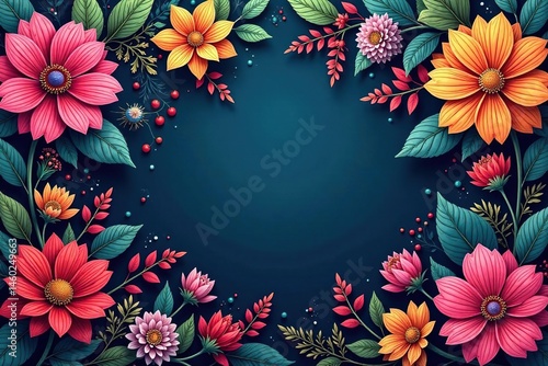 Intricate blooming floral pattern, vibrant hues, whimsical, flyer