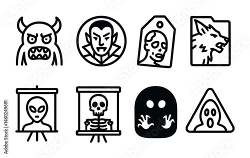 Line style icons of horror creatures: monster icon, vampire badge, zombie tag, werewolf file, alien board, skeleton chart, creature in the dark bubble, frightful symbol.